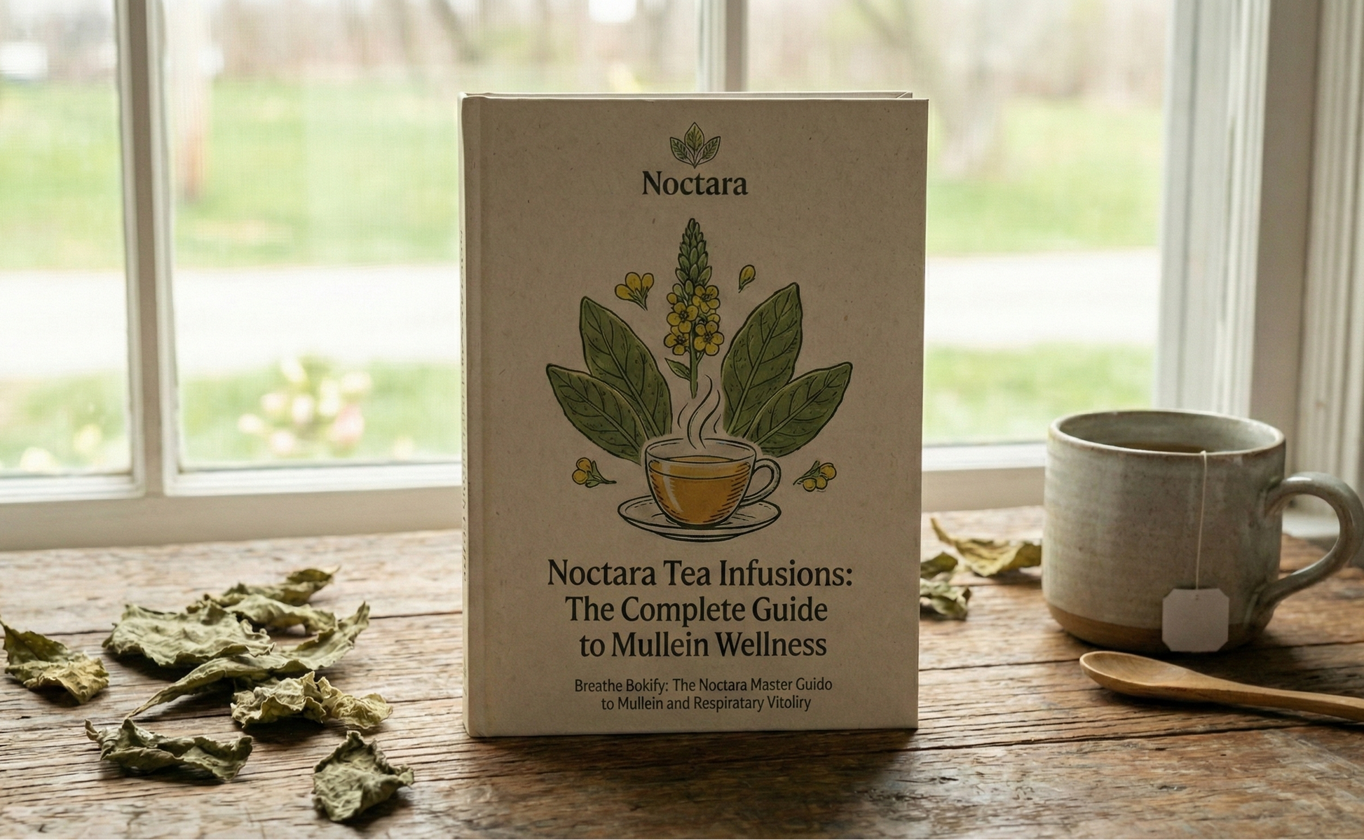 Noctara tea infusions book on a wooden table with a mug and tea leaves.